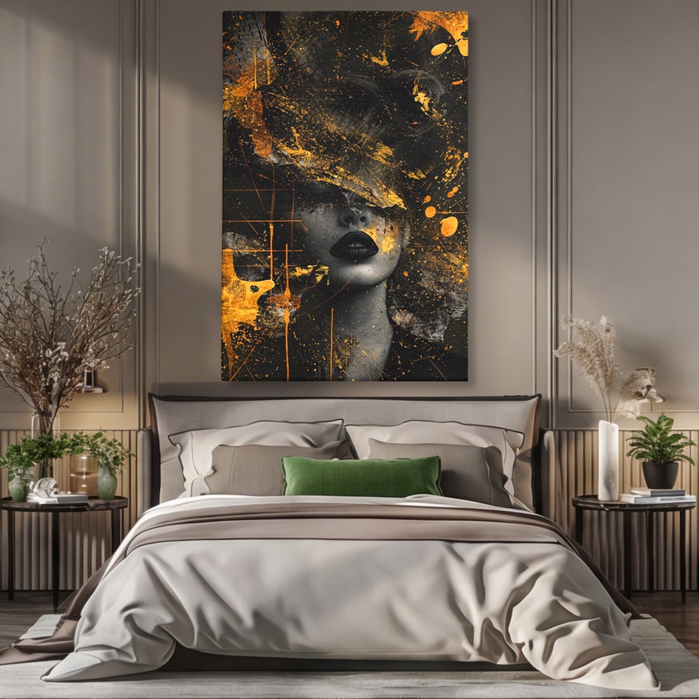 Tablou canvas cu tablou canvas cu portret feminin si pete aurii, fara rama, pe sasiu de lemn, pe perete intr-un dormitor